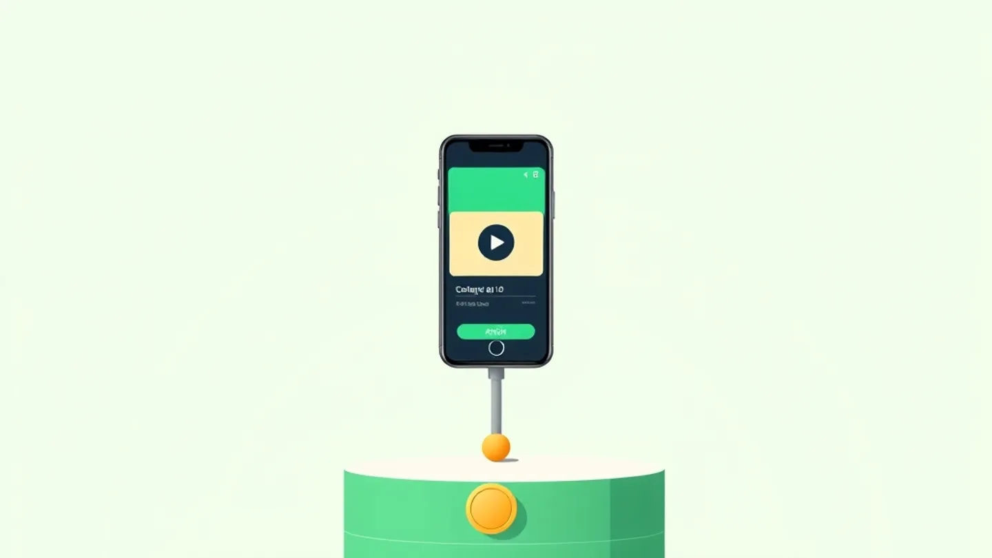 a podium with three steps, a phone showing a video standing on the top step, small medal shapes on each step