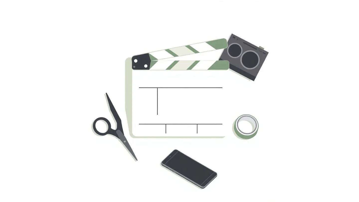 A film clapperboard with a blank slate, a pair of scissors, a roll of tape and a smartphone lying face down.