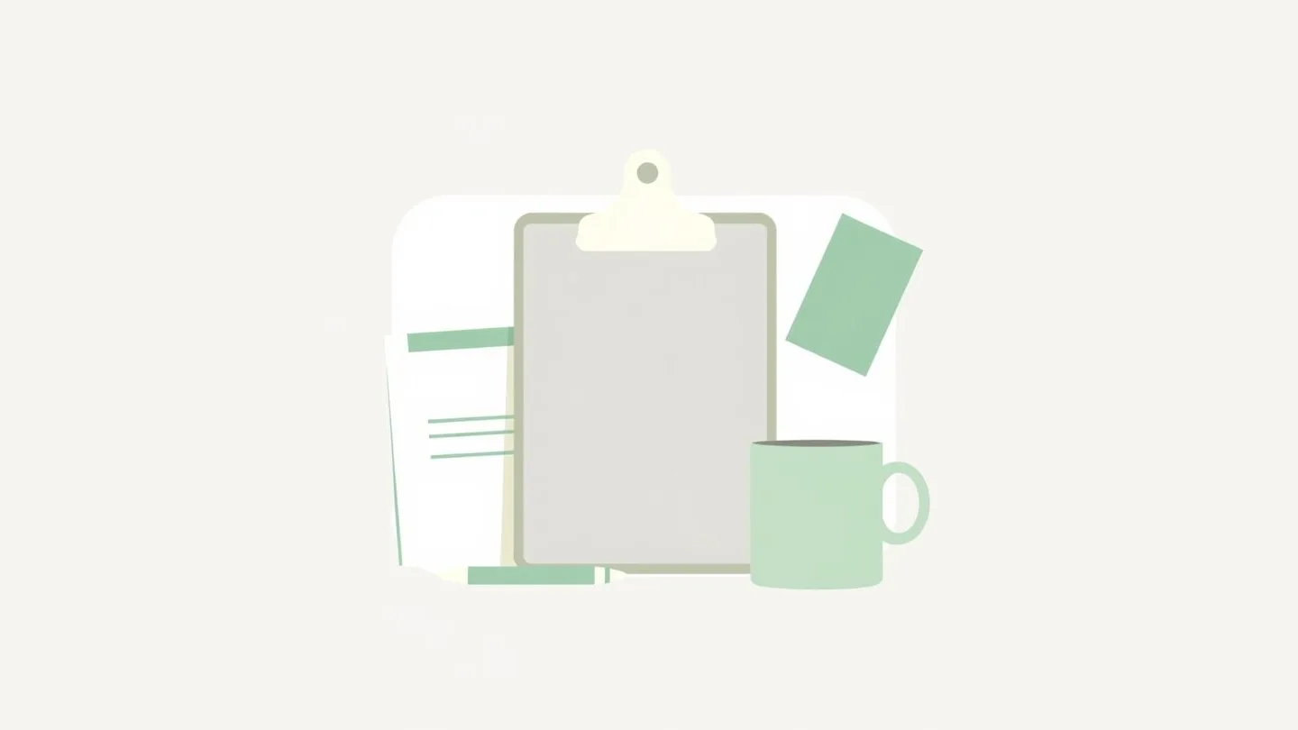 A clipboard with a blank page, a pen, a folder and a mug.