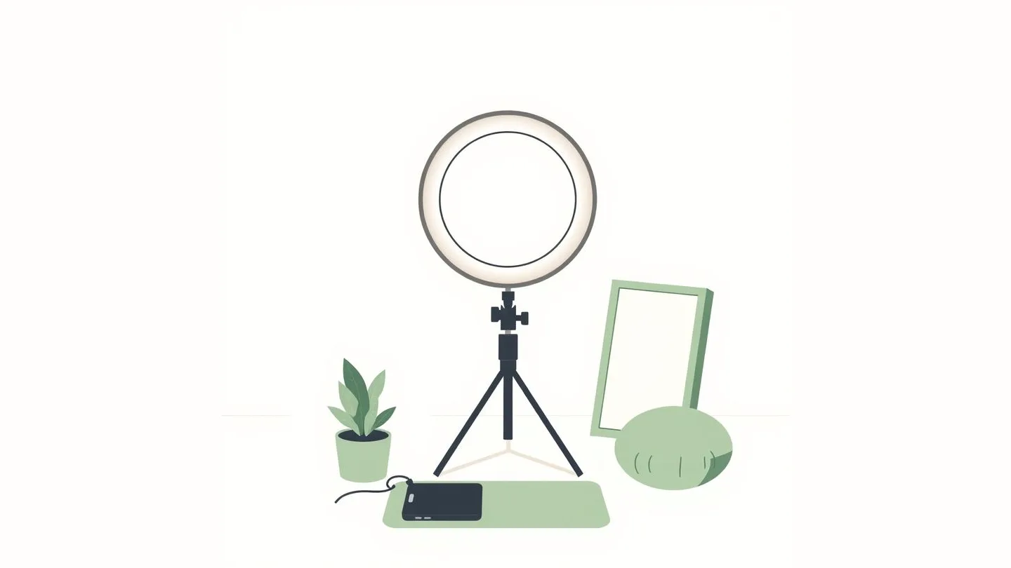A ring light on a stand, a small plant, a phone lying face down and a vertical frame standing behind it.