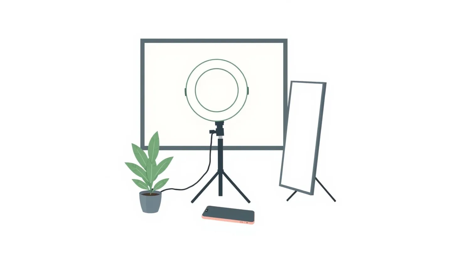 A ring light on a stand, a small plant, a phone lying face down and a vertical frame standing behind it.