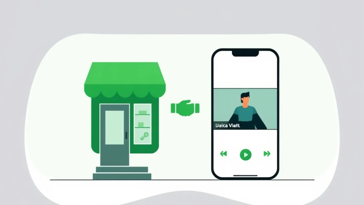 two diverging paths from a single starting point, one leading to a storefront shape and one to a phone showing a video, a small handshake at the fork