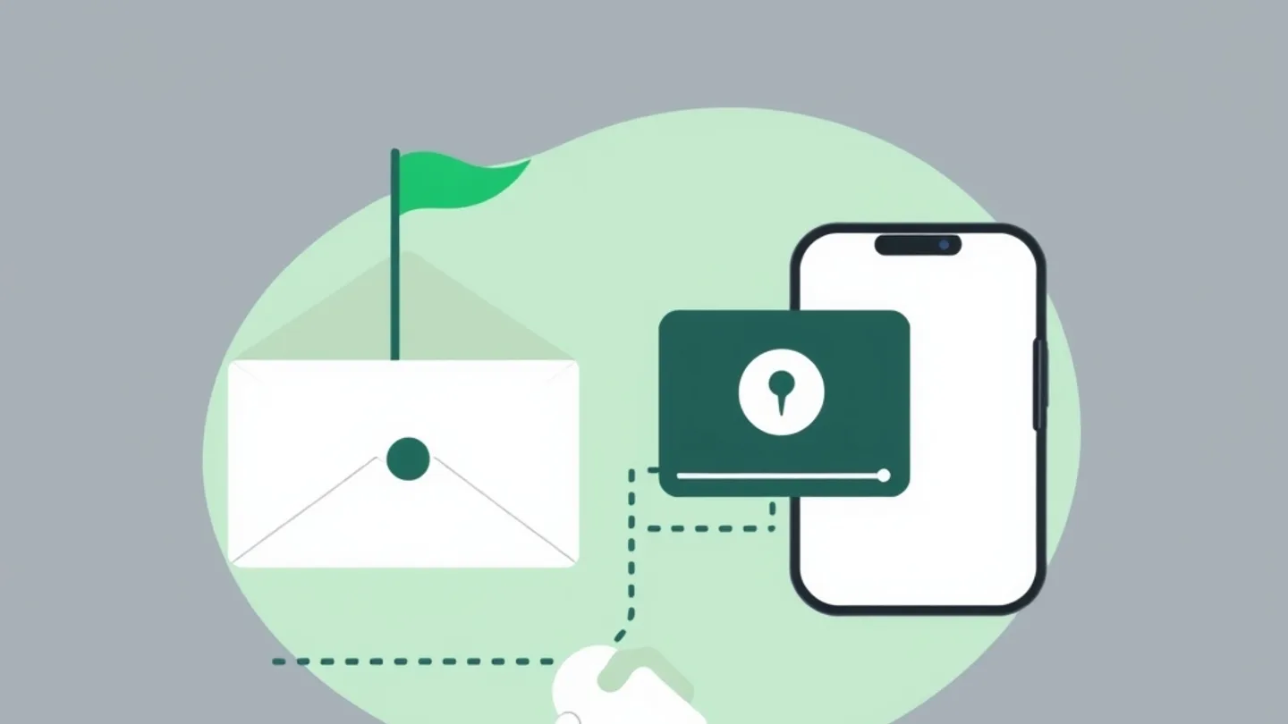 an envelope with a small flag beside a phone showing a video, a dotted line connecting them, a simple handshake shape at the end
