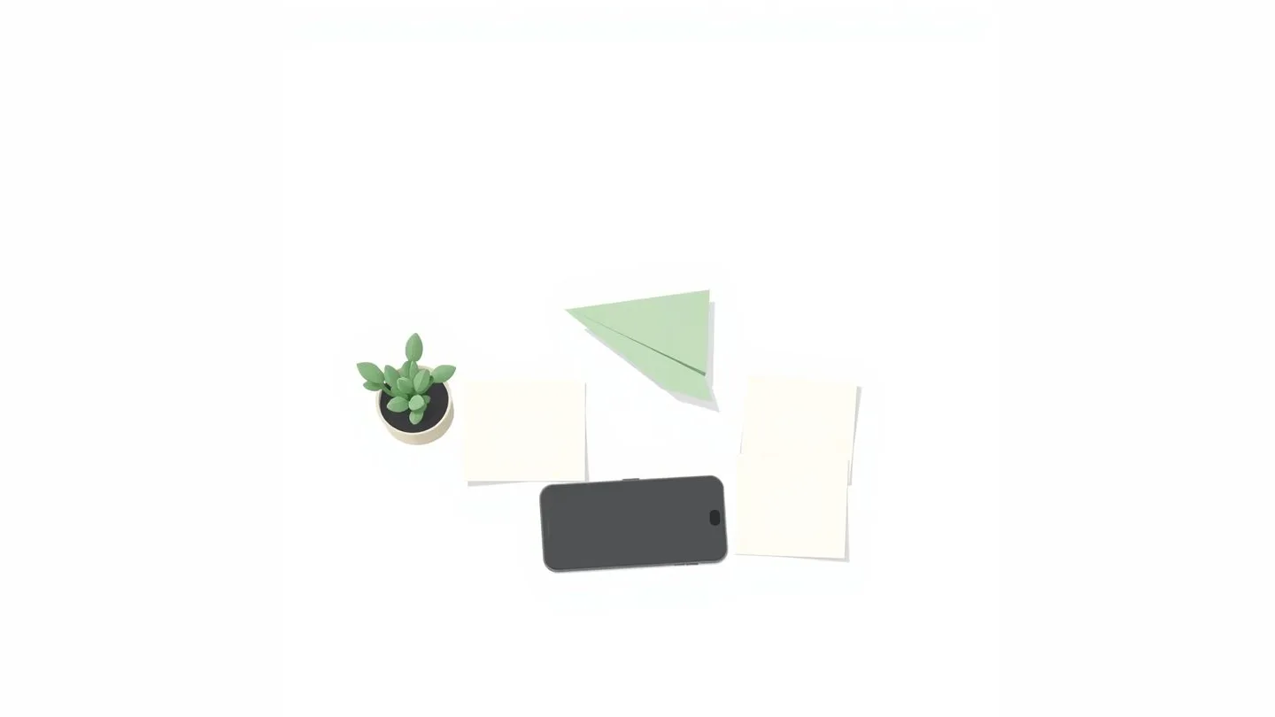 A paper plane, a small plant and a phone lying face down beside a simple grid of blank cards.