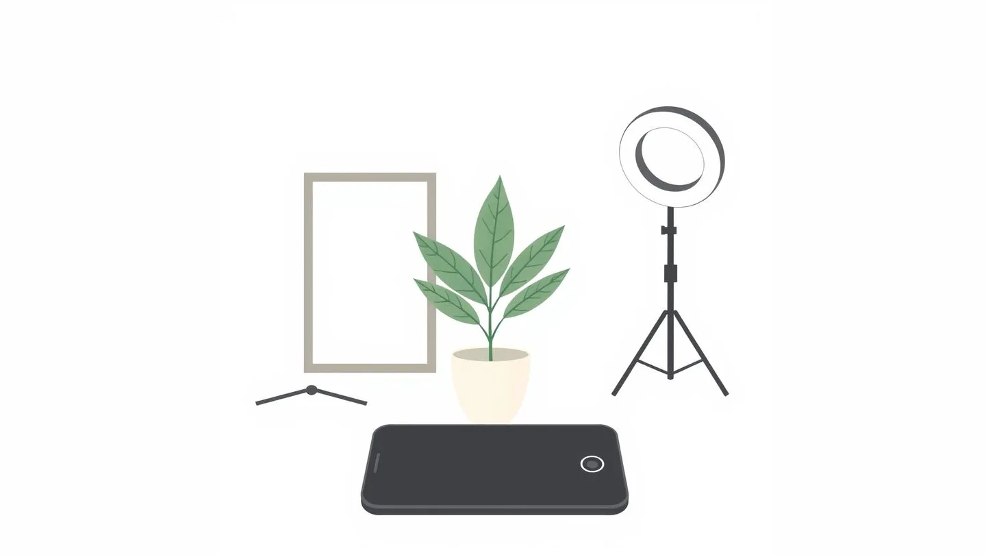 A small plant, a phone lying face down, a vertical frame standing behind it and a ring light on a stand.