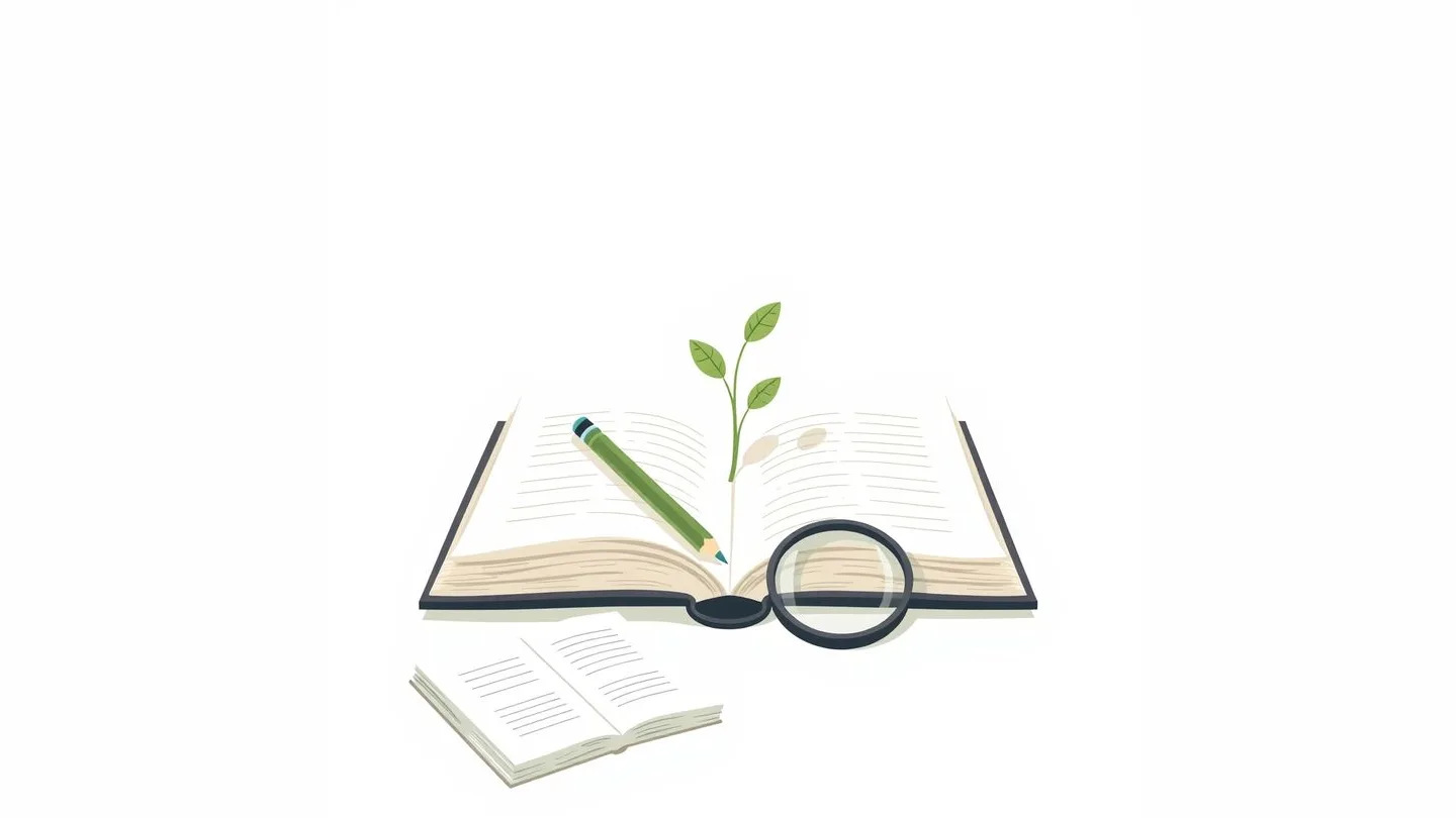 A small sprouting plant, a pencil lying flat, an open book with blank pages and a magnifying glass.