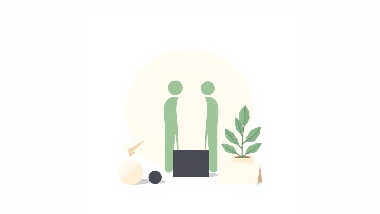 Three simple person shapes standing together, a paper plane, a small plant and a blank card.