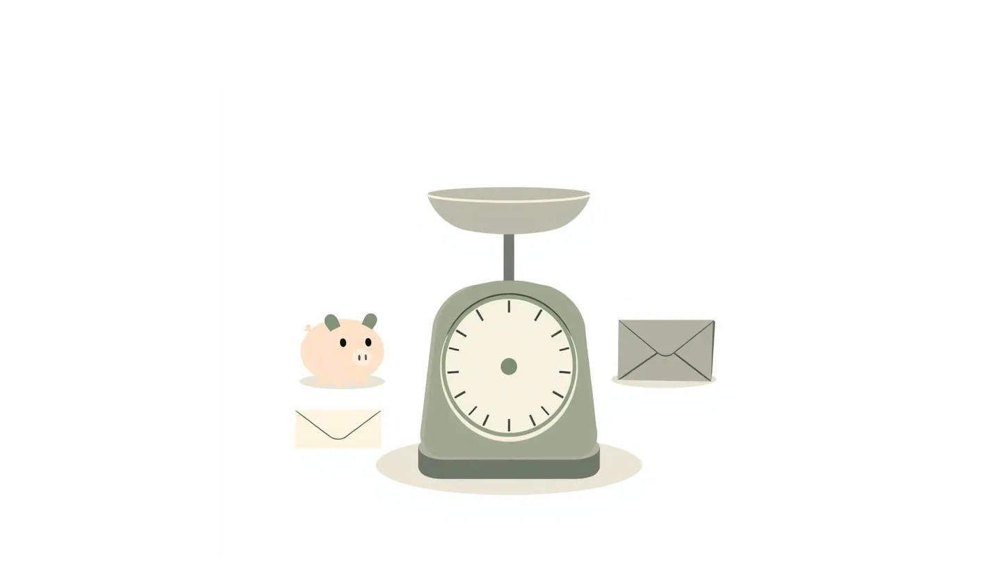 A simple weighing scale with one pan, a piggy bank, a folded wallet and a closed envelope.