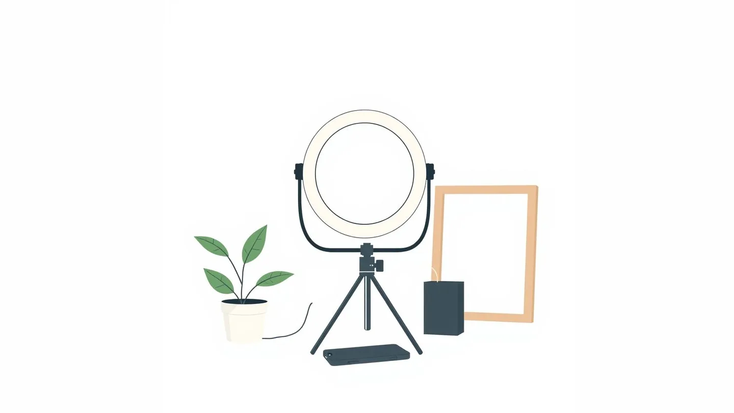 A ring light on a stand, a small plant, a phone lying face down and a vertical frame standing behind it.