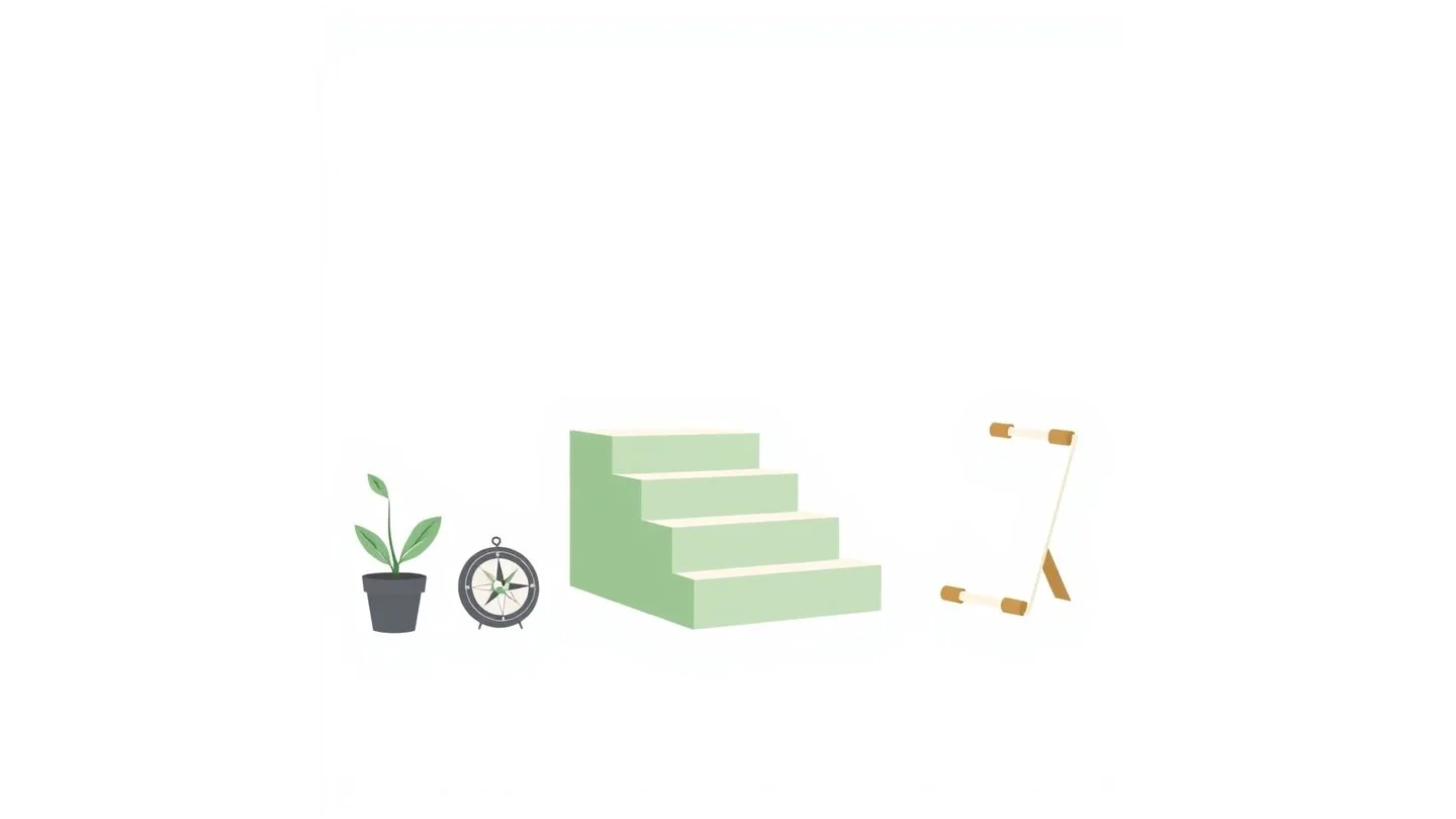 A staircase of three blocks, a compass, a small sprouting plant in a pot and a rolled blank poster.