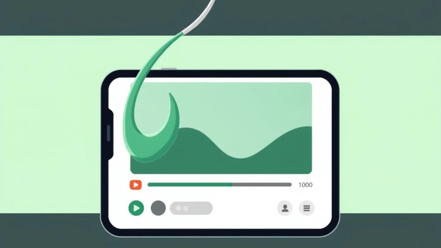a fishing hook shape catching the first frame of a video timeline, a phone showing a video with a bright opening segment highlighted