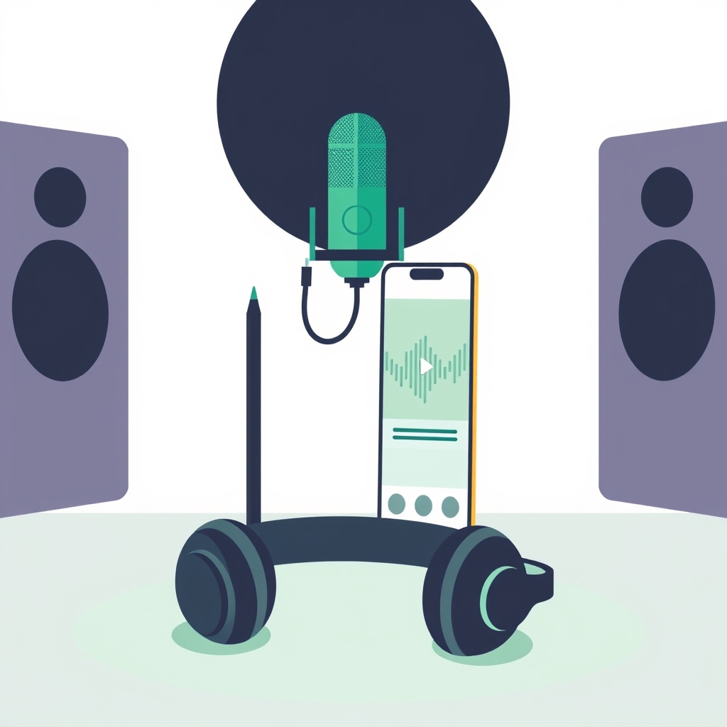 a microphone on a stand with sound waves, beside a phone showing a short vertical video clip, a pair of headphones resting at the base