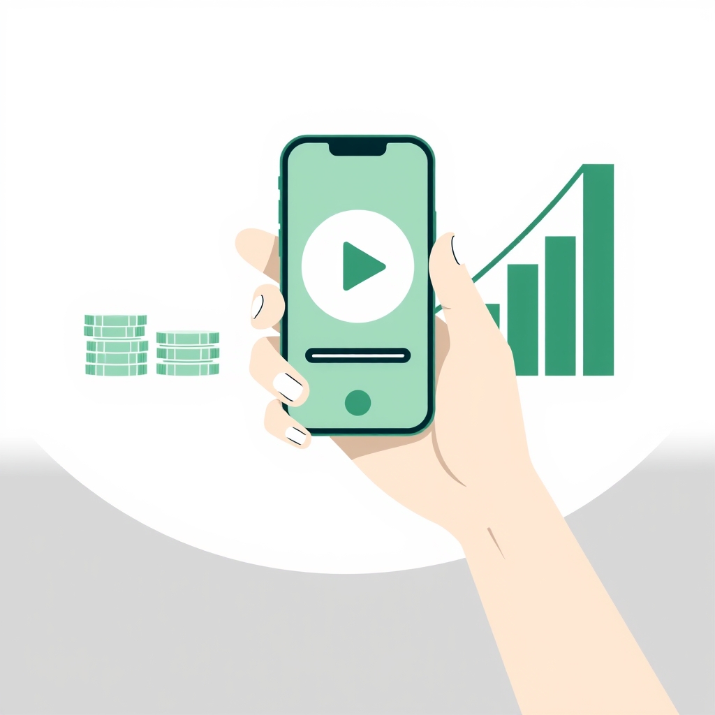 a hand holding a phone showing a play button, with a small stack of coins and a rising bar chart beside it