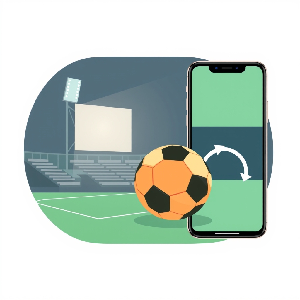 a stadium floodlight and a football, beside a phone showing a slow motion replay arrow curving backwards