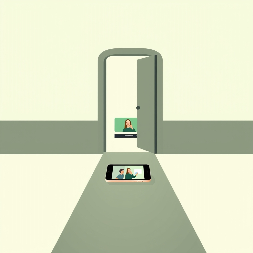 an open door with light coming through, a phone showing a video resting on the threshold, a simple path leading toward the door