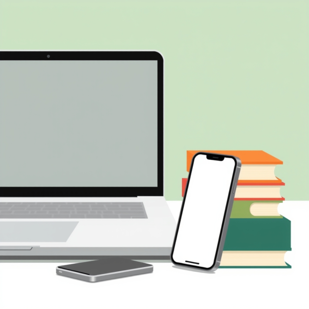 a laptop and a stack of books side by side, a phone showing a wallet leaning against the books