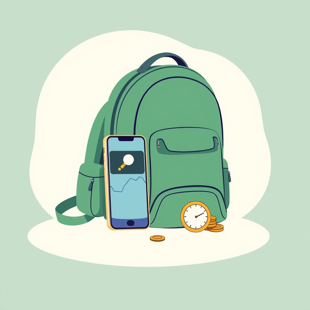 a backpack beside a phone showing a video, a small clock shape indicating spare time, coins resting on the backpack