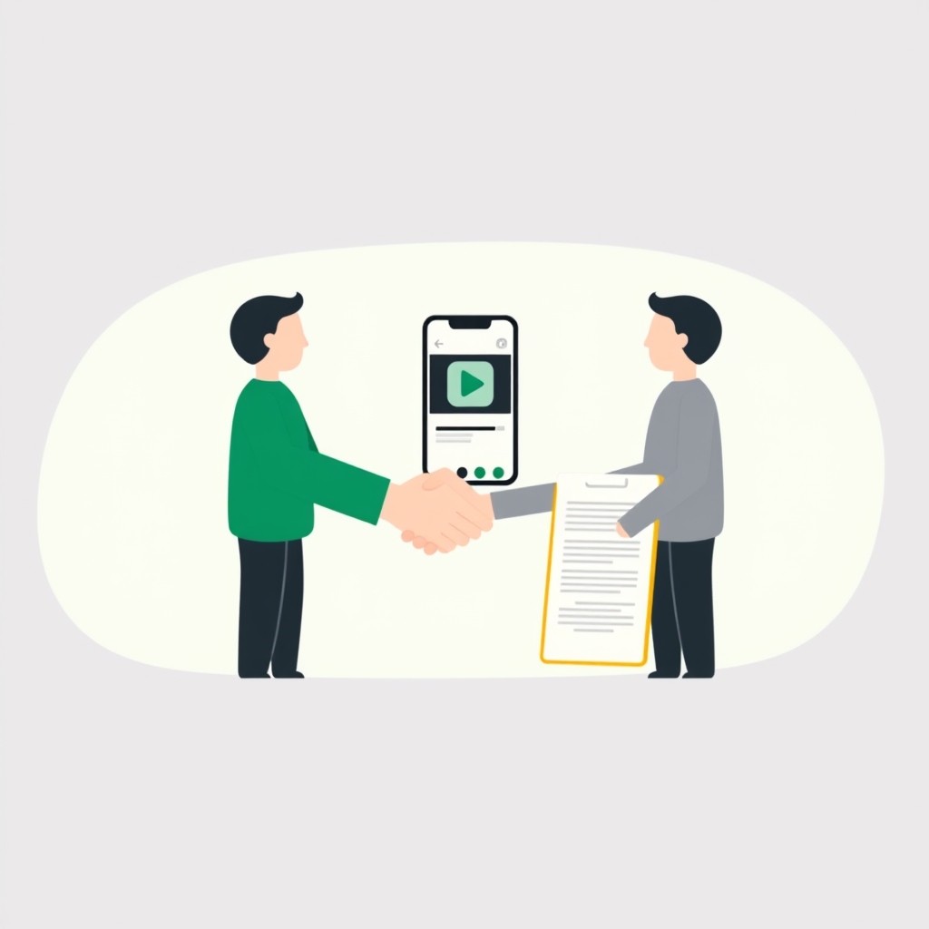 a handshake between two simple figures, a phone showing a video and a clipboard with a brief beside them