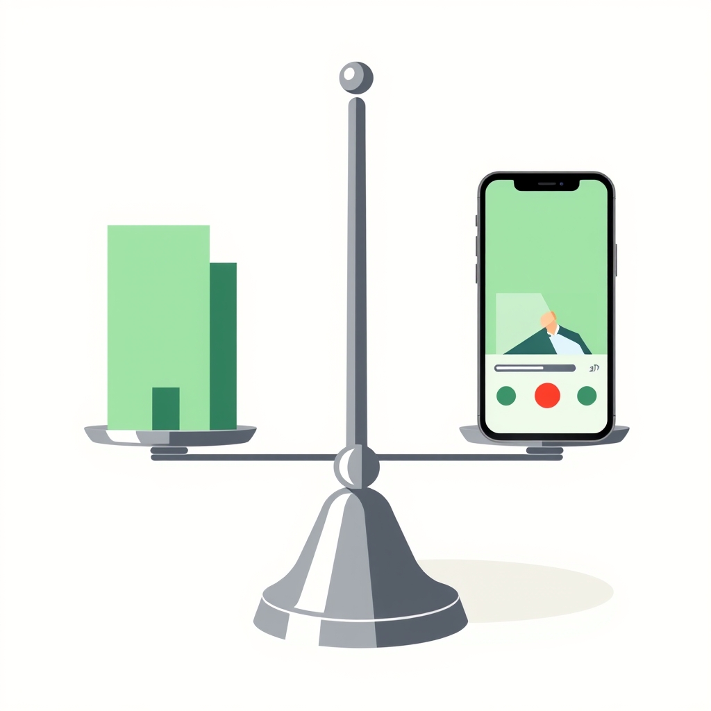 a balance scale, an office building shape on one side and a phone showing a video on the other