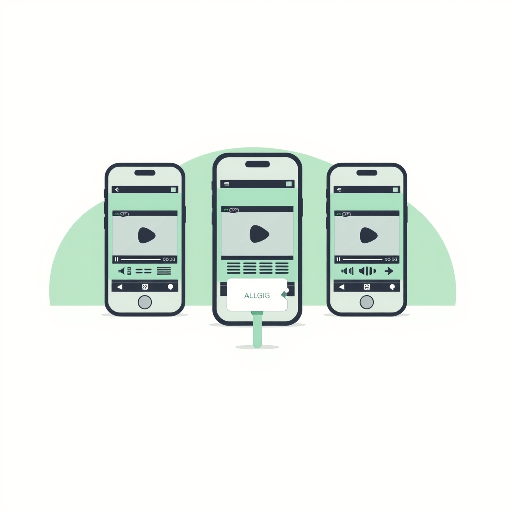 three phone shapes side by side, each showing a different simple video layout, a small signpost in front of them