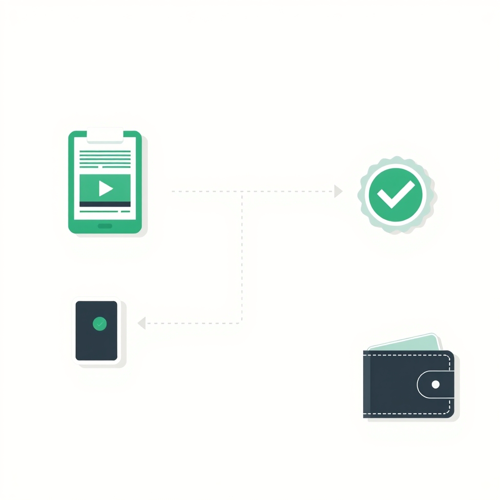 a four step path: a clipboard, a phone showing a video, a checkmark badge, and a wallet, connected by a dotted line