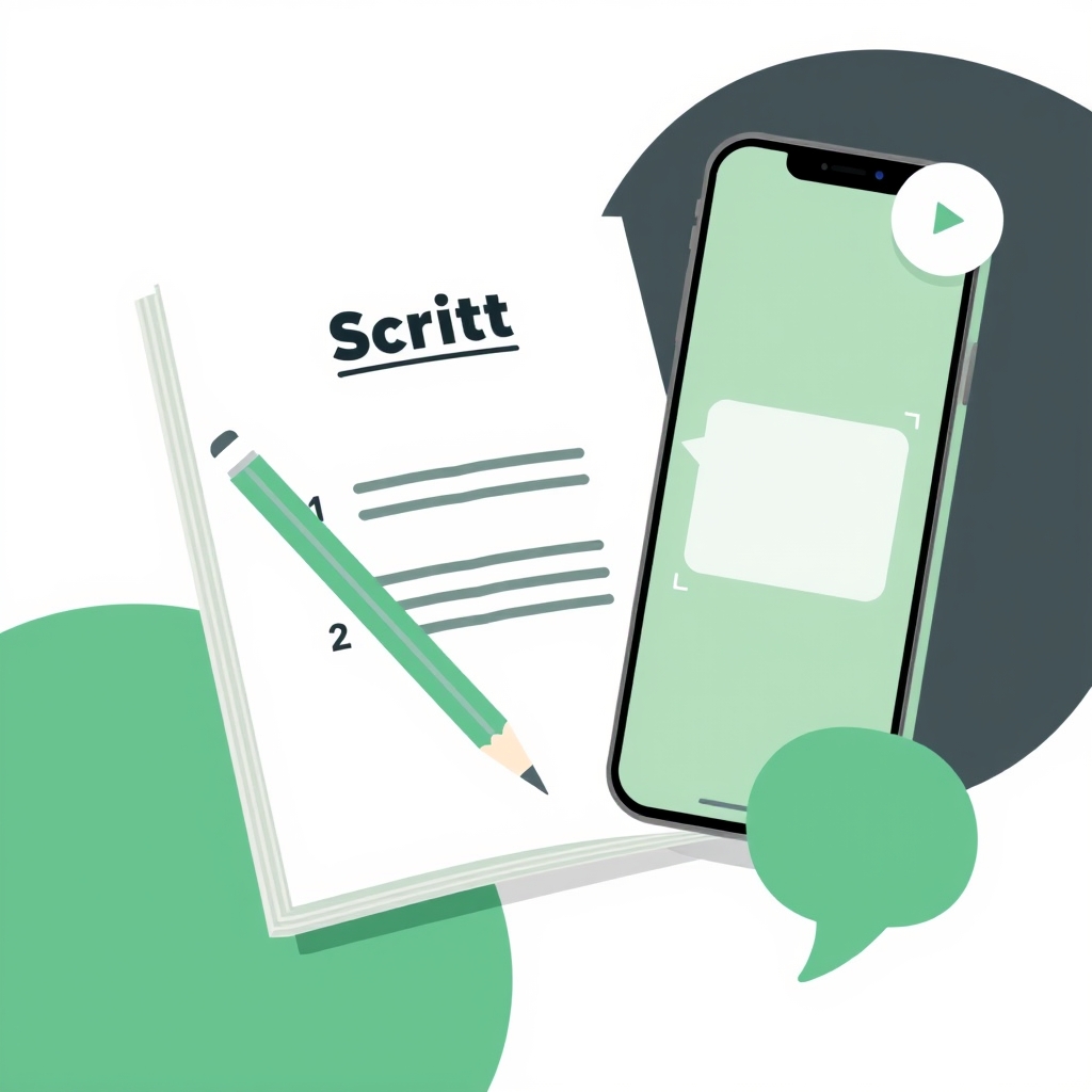 a script page with three numbered lines and a pencil resting on it, a phone showing a video propped beside the page, a small speech bubble shape
