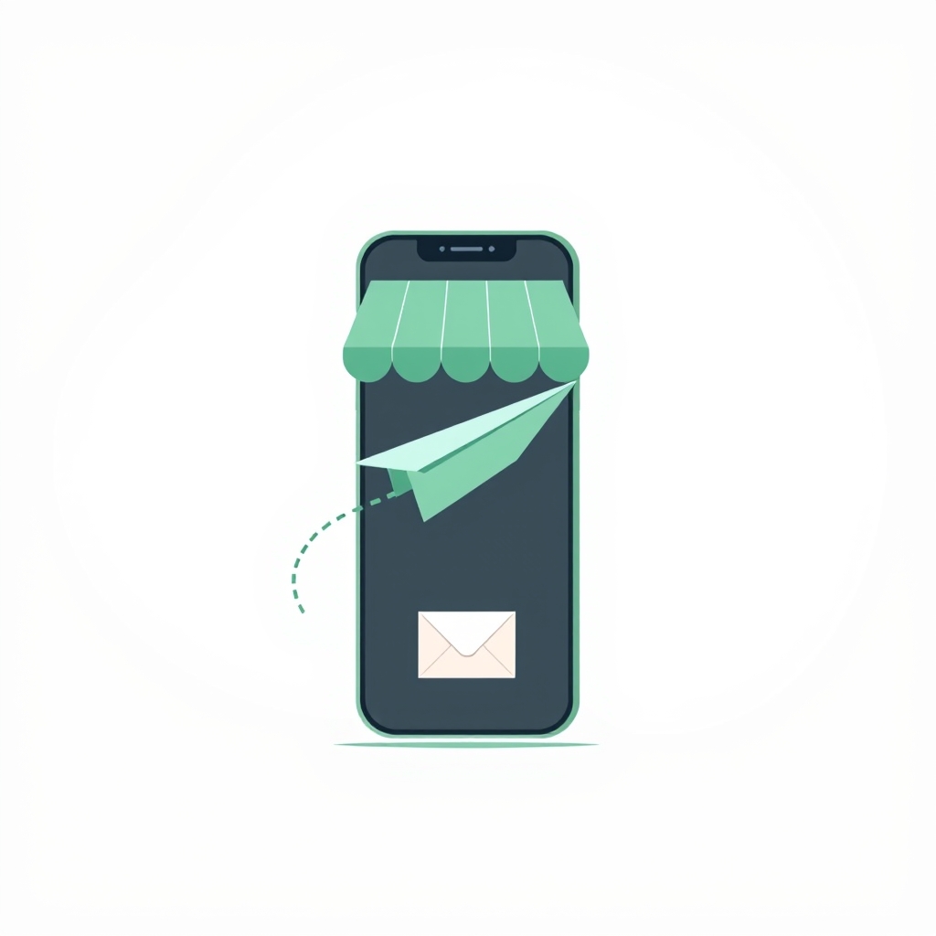 a paper plane flying from a phone toward a storefront shape, a dotted trail behind it, a small envelope at the base