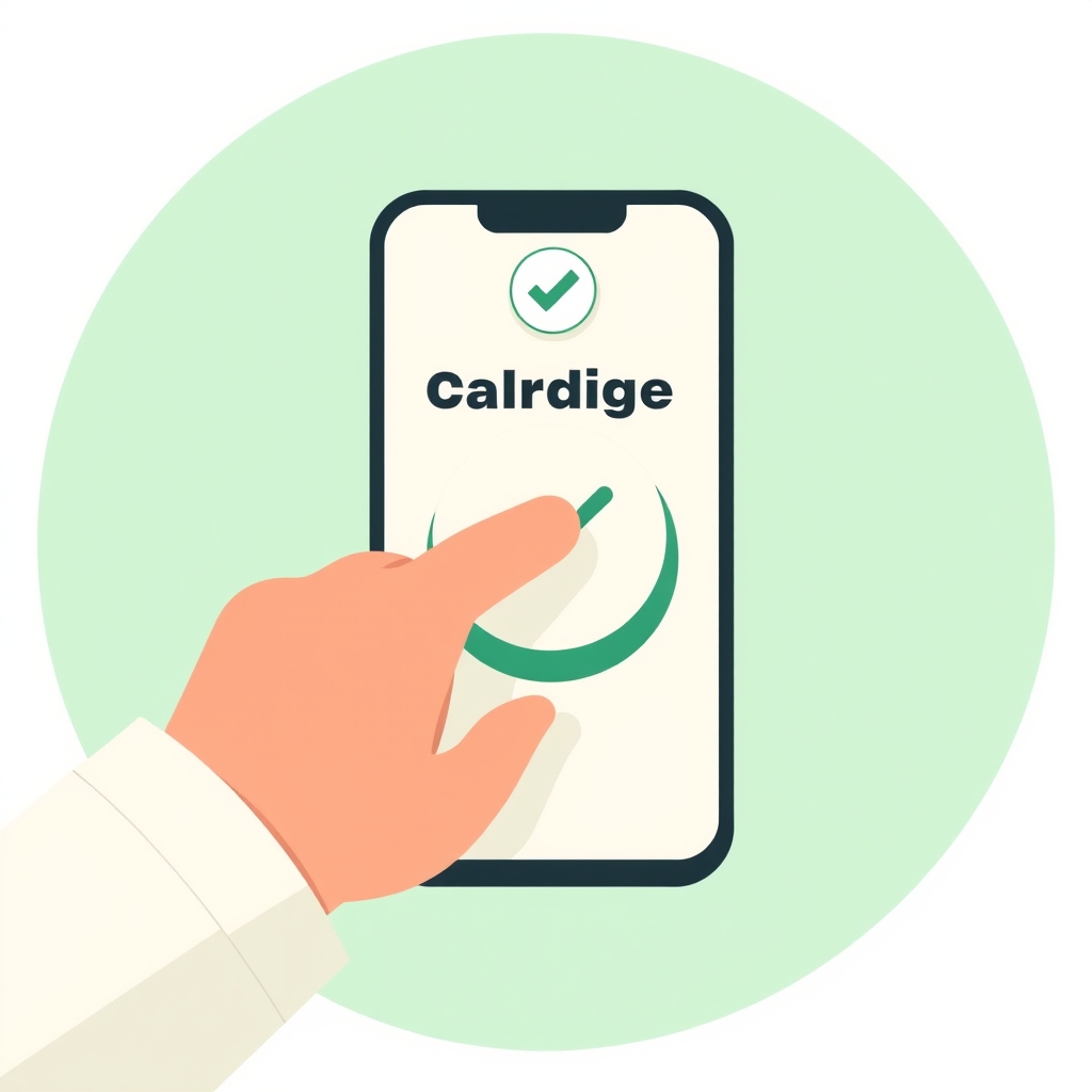 a hand pressing a large rounded button on a phone screen showing a campaign card, a small checkmark badge appearing above