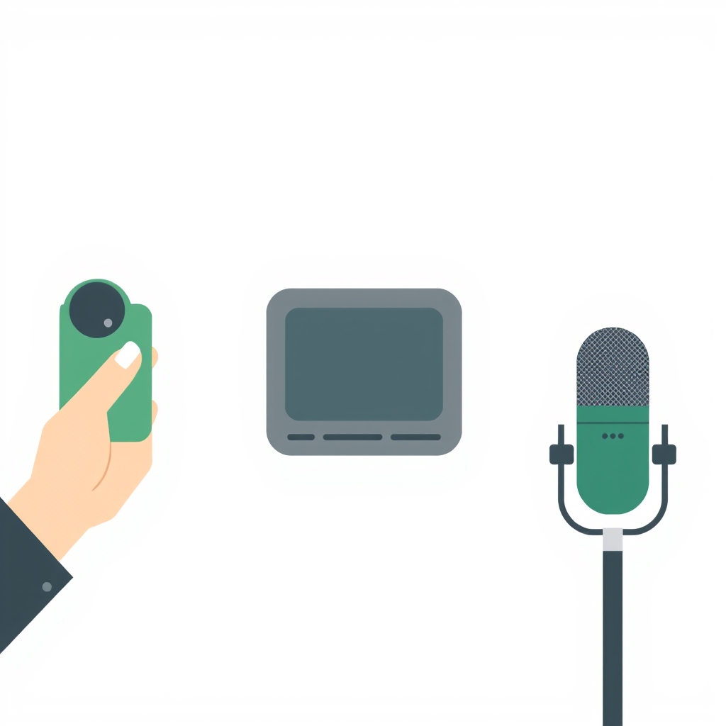 three simple format icons in a row: hands holding a product, a screen recording frame, and a voiceover microphone