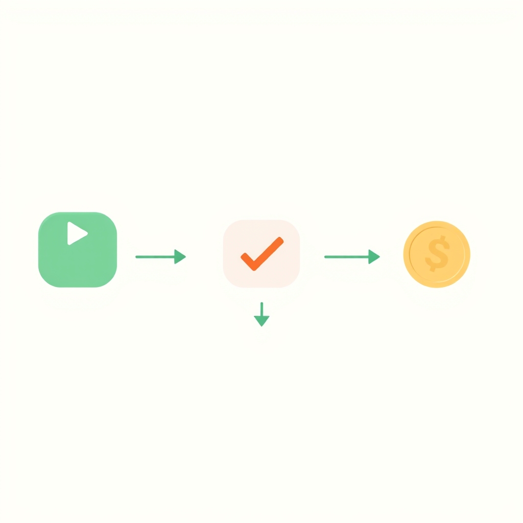 a simple flow of three rounded blocks connected by arrows: a video, a checkmark, and a coin