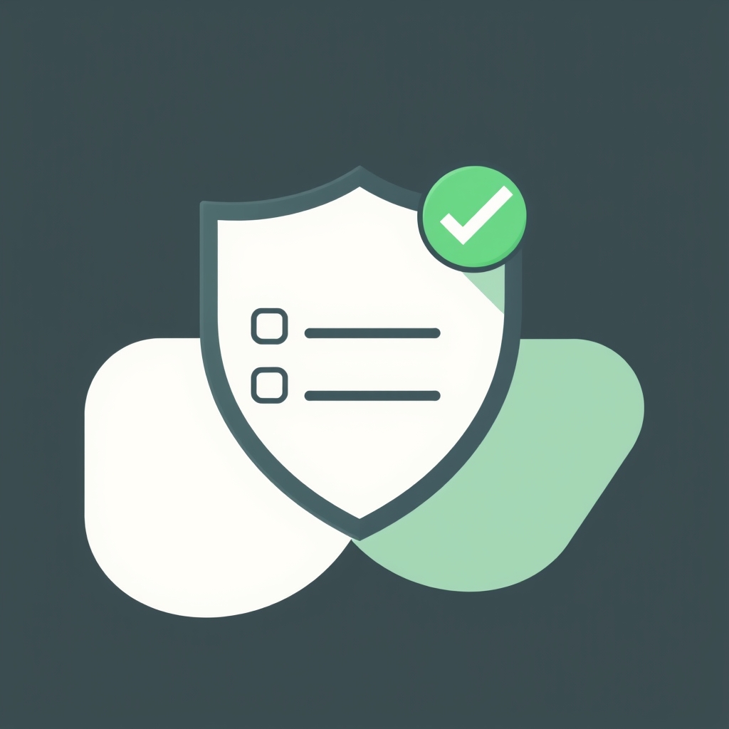a shield with a checkmark beside a simple list of three ticked lines