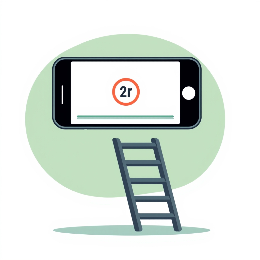 a phone showing a video with a small zero badge, beside a simple ladder with three rungs leading upward