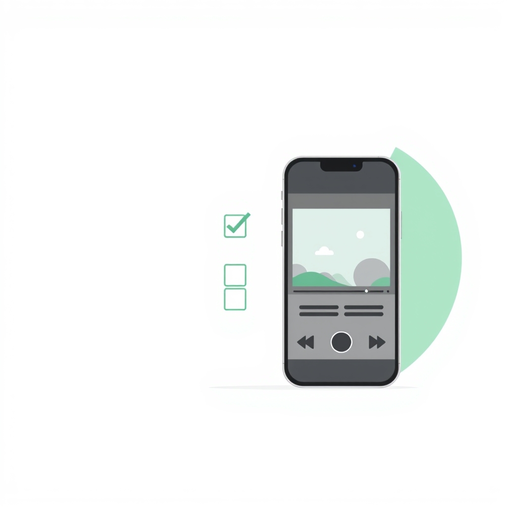 a simple checklist with three ticked boxes beside a phone showing a video