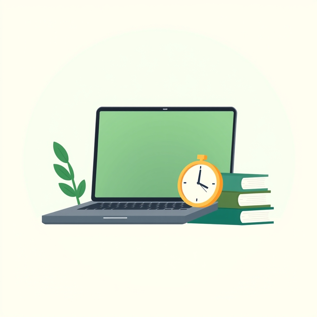 a laptop and a stack of books with a small clock shape beside them, a coin resting on the laptop