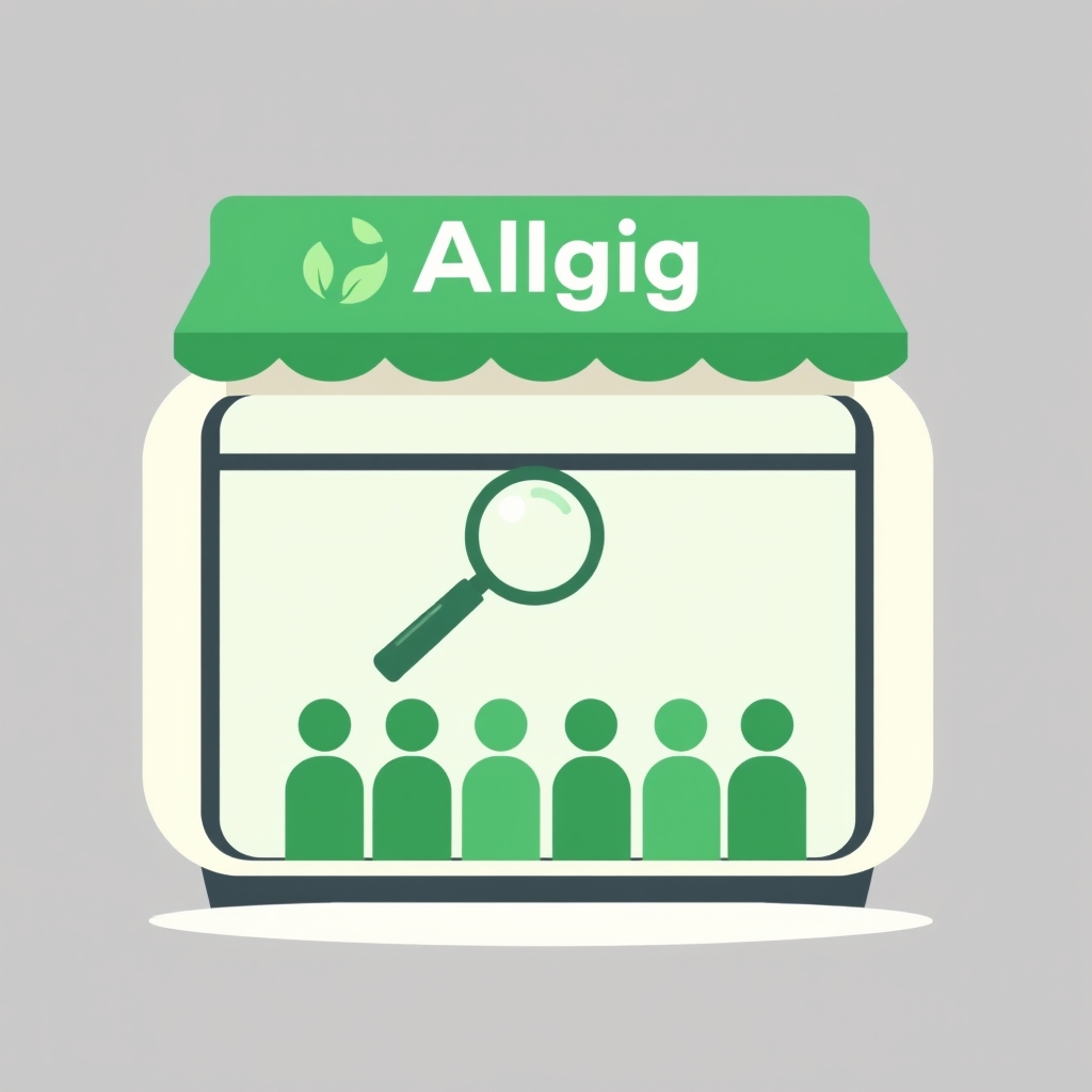a storefront shape with a small magnifying glass over a group of simple person shapes