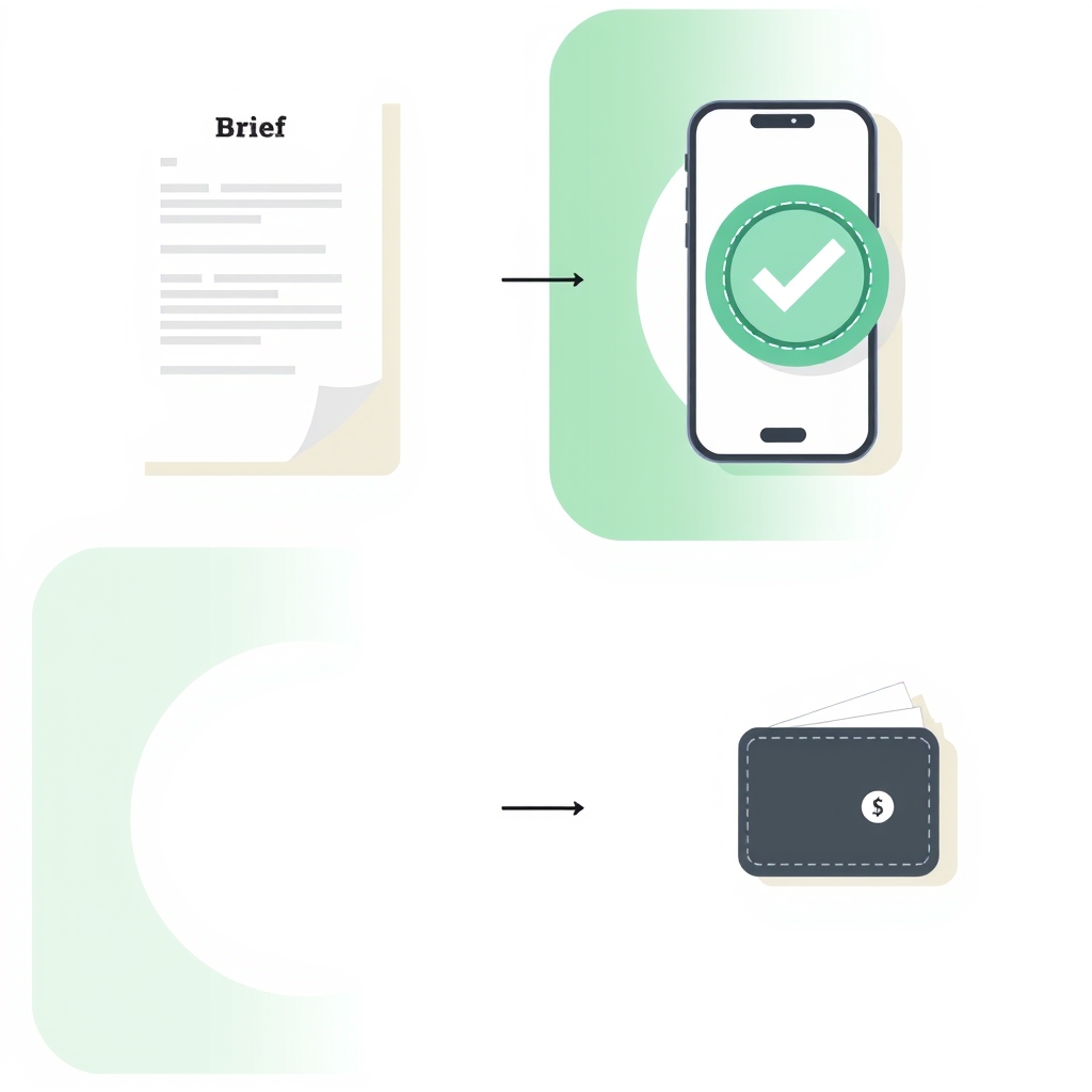 a simple four step flow: a brief document, a phone, a checkmark badge, and a wallet