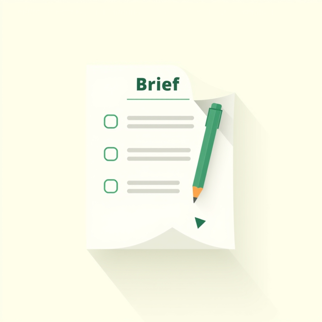 a brief document with three bullet lines and a pencil, a small checkmark at the bottom