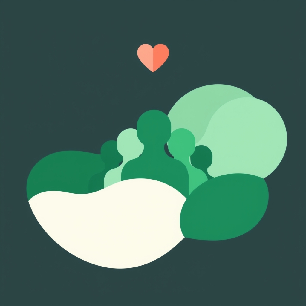 a small cluster of person shapes with one highlighted, a small heart shape above it