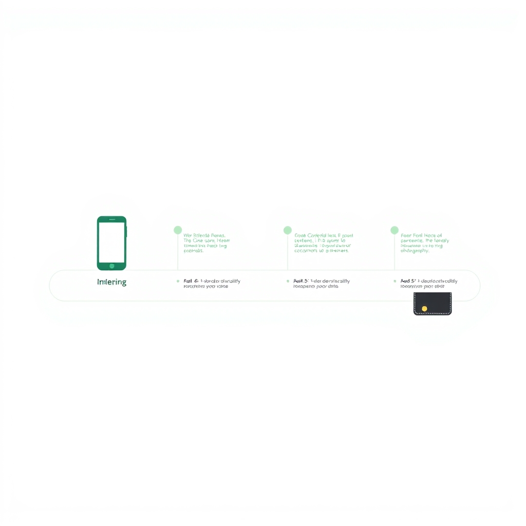 a horizontal timeline with four milestone markers, a phone at the start and a wallet at the end