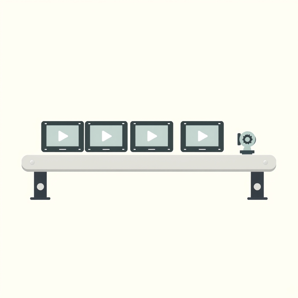 a horizontal conveyor belt carrying three video clip cards, a small gear turning at one end