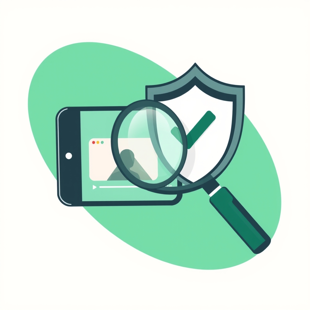 a magnifying glass over a phone showing a video, a shield with a checkmark behind it