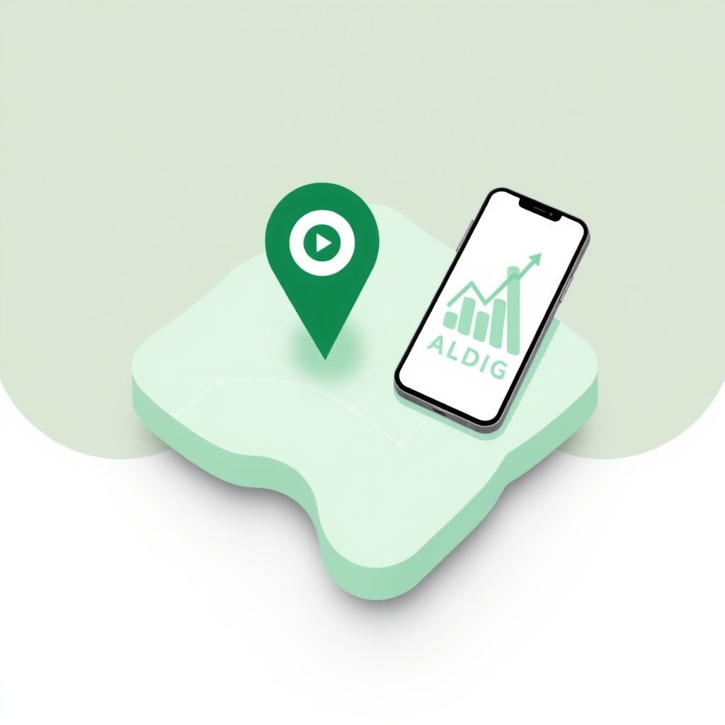 a map pin on a simple landmass shape beside a phone showing a video, a small rising chart