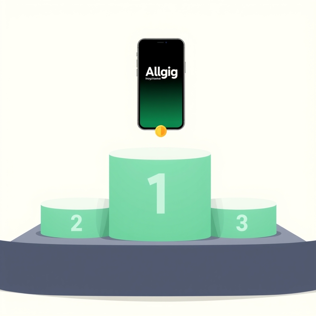 a podium with three steps, a phone standing on the top step, small medals on each