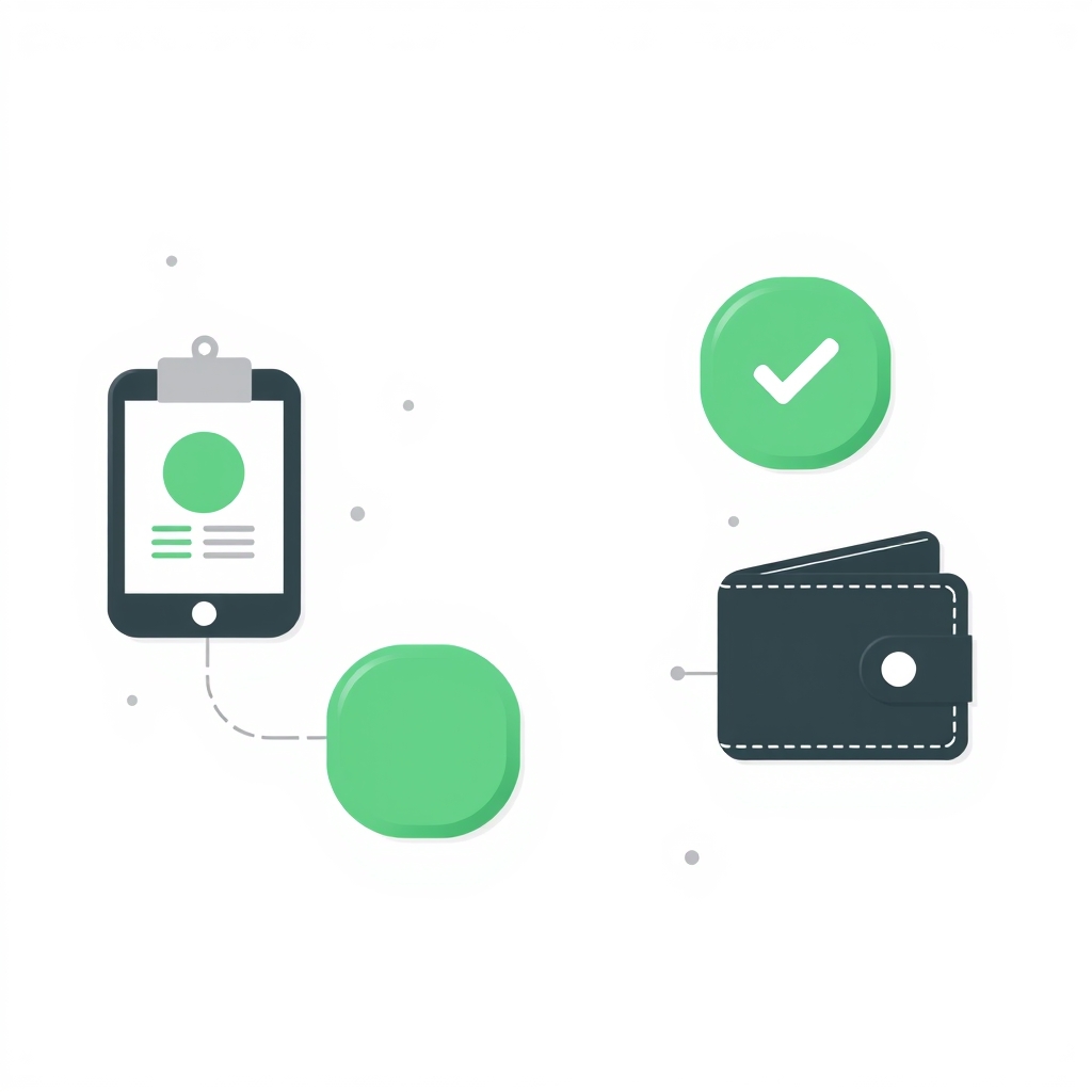 a four step path drawn as connected rounded blocks: clipboard, phone, checkmark badge, wallet