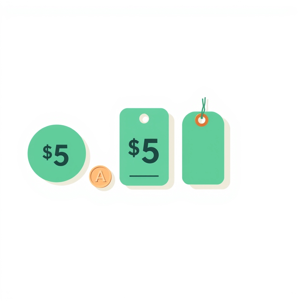 three price tags of different sizes arranged in a row, a small coin beside each