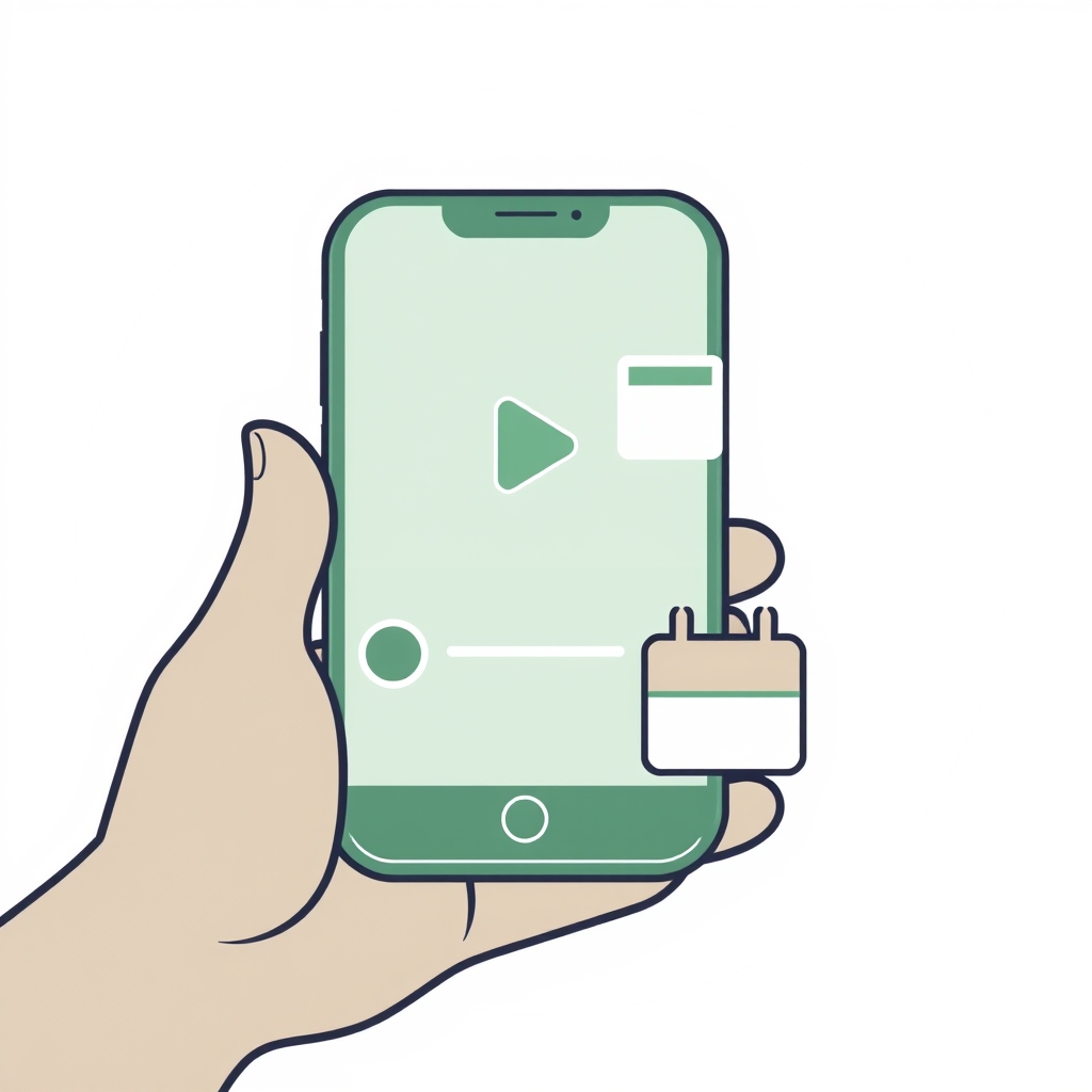 a phone showing a video with a small payment bubble rising, and a simple calendar shape beside it
