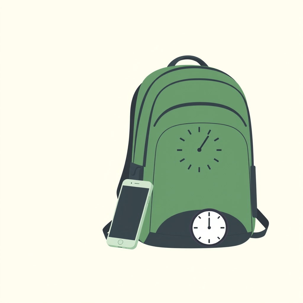 a backpack with a phone leaning against it, a small clock shape showing spare hours