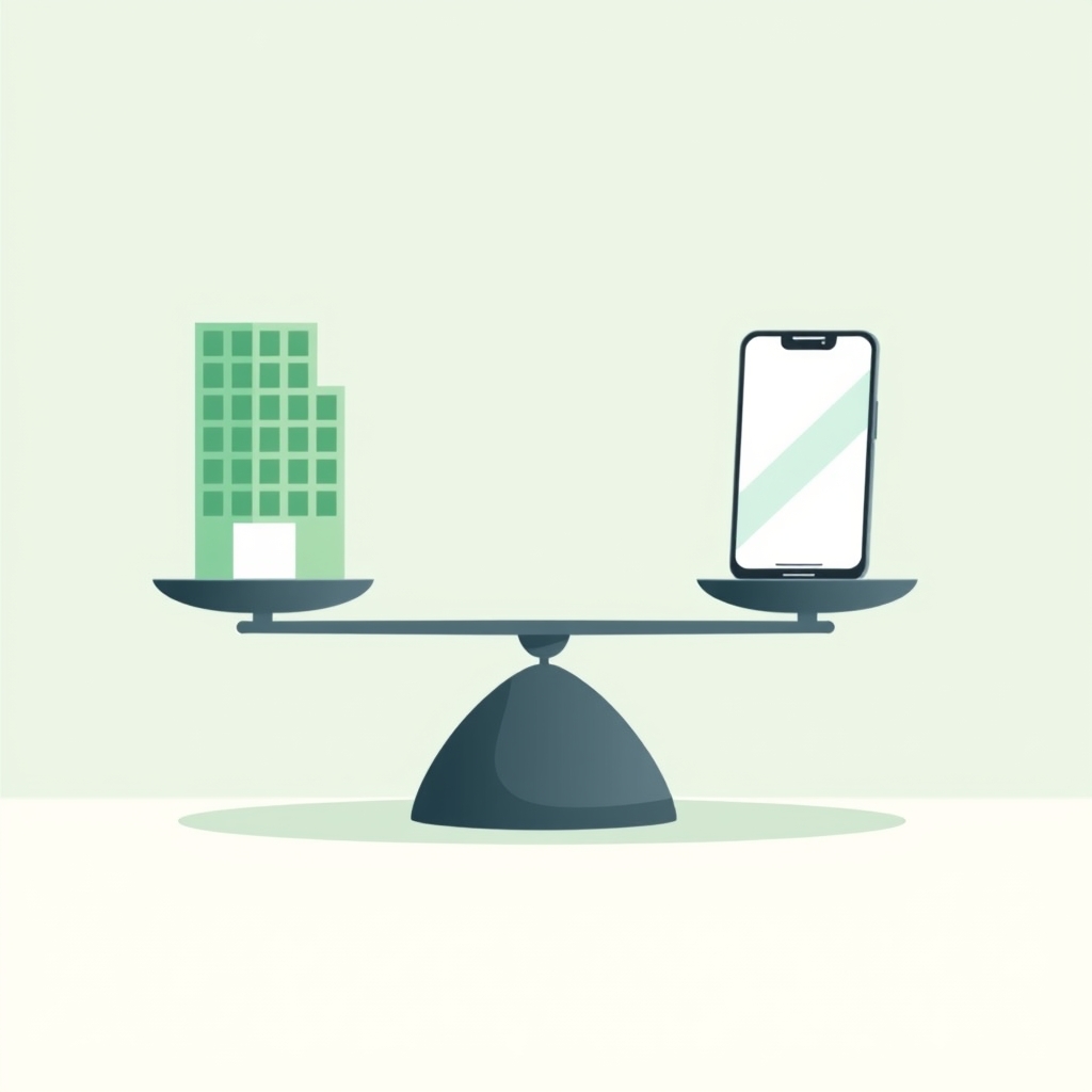 a balance scale with an office building shape on one side and a phone on the other