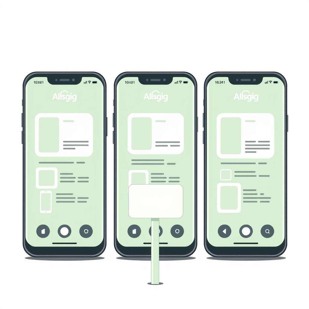 three phone shapes side by side each showing a different simple layout, a small signpost in front