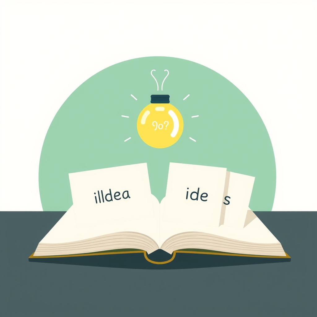 a lightbulb above an open notebook with three idea cards fanned out beside it